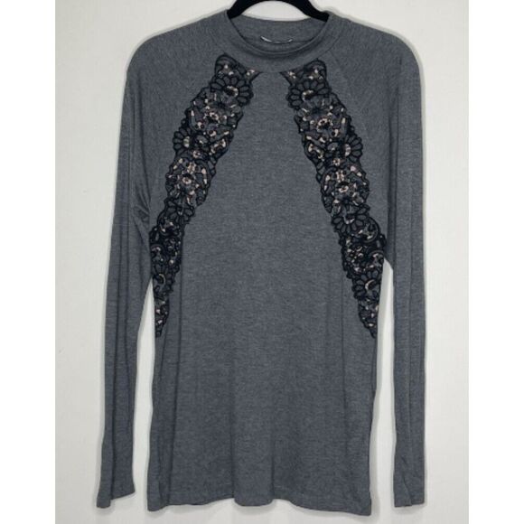 Zara Mock Neck Whimsy Goth Lace Velour Accent Long Sleeve Top Size Medium - Picture 7 of 7